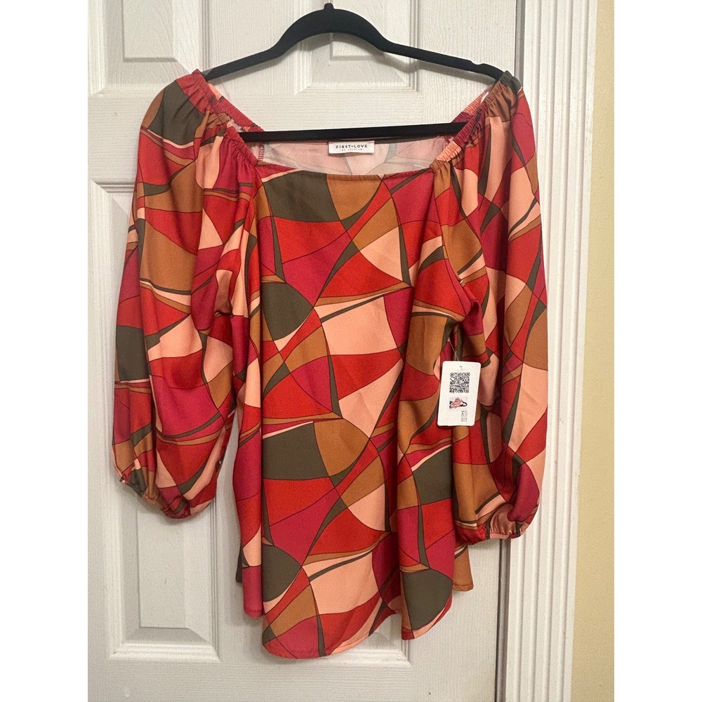 First Love by Lovelyn Womens Red Geometric Abstract Off Shoulder Blouse S